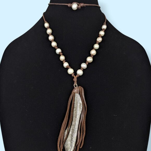 V. Freshwater Pearl & Leather Tassel Pendant Necklace - Picture 2 of 5